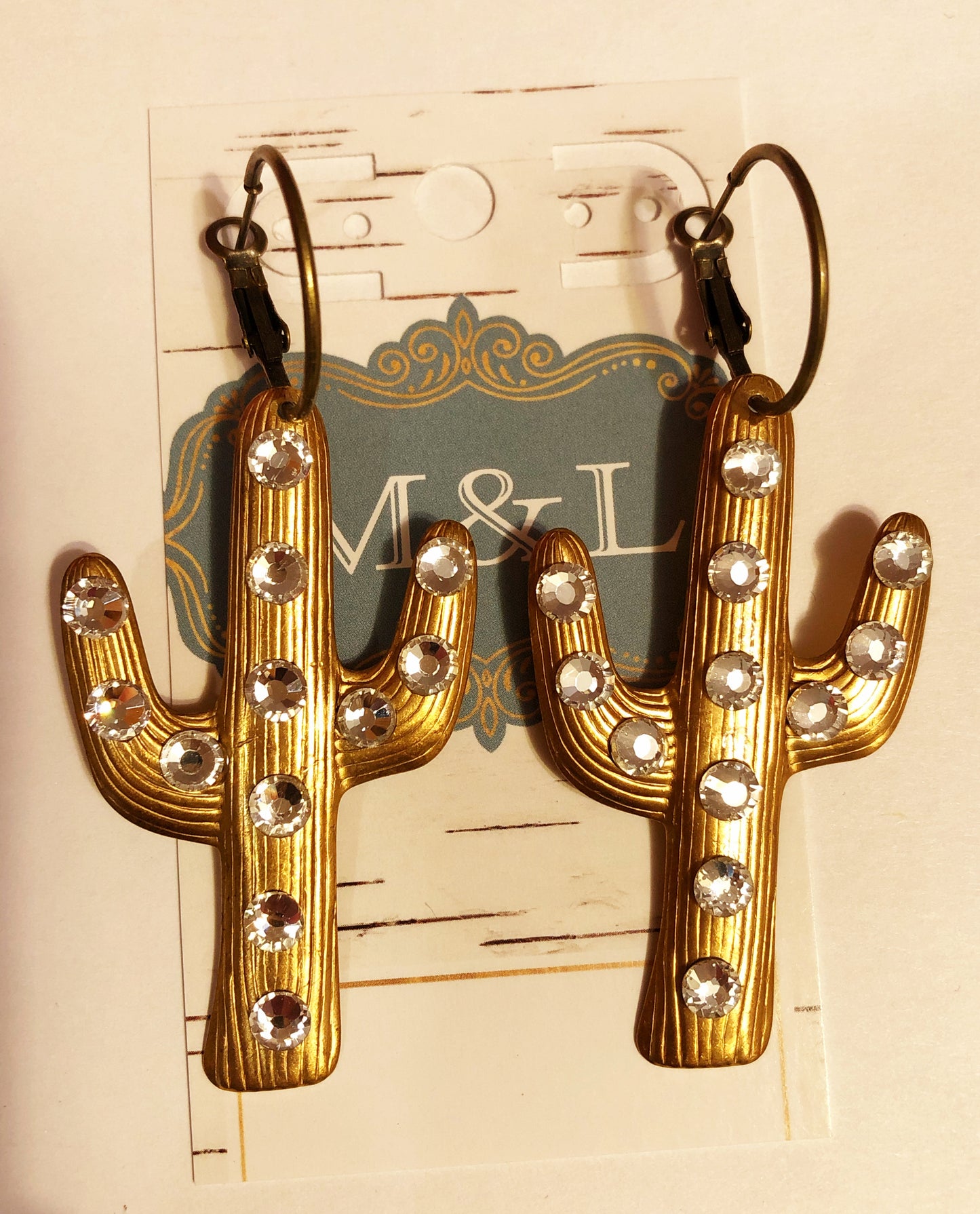 Brass/ Clear Crystals Cactus Earrings