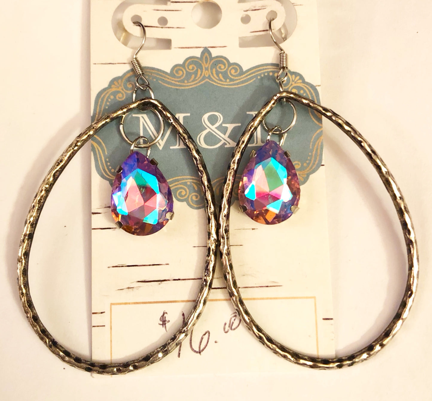 Silver Teardrop/Rose AB Crystal Earrings