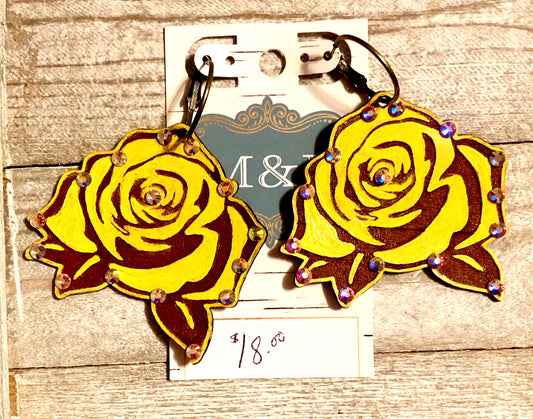 Leather Yellow Rose Earrings